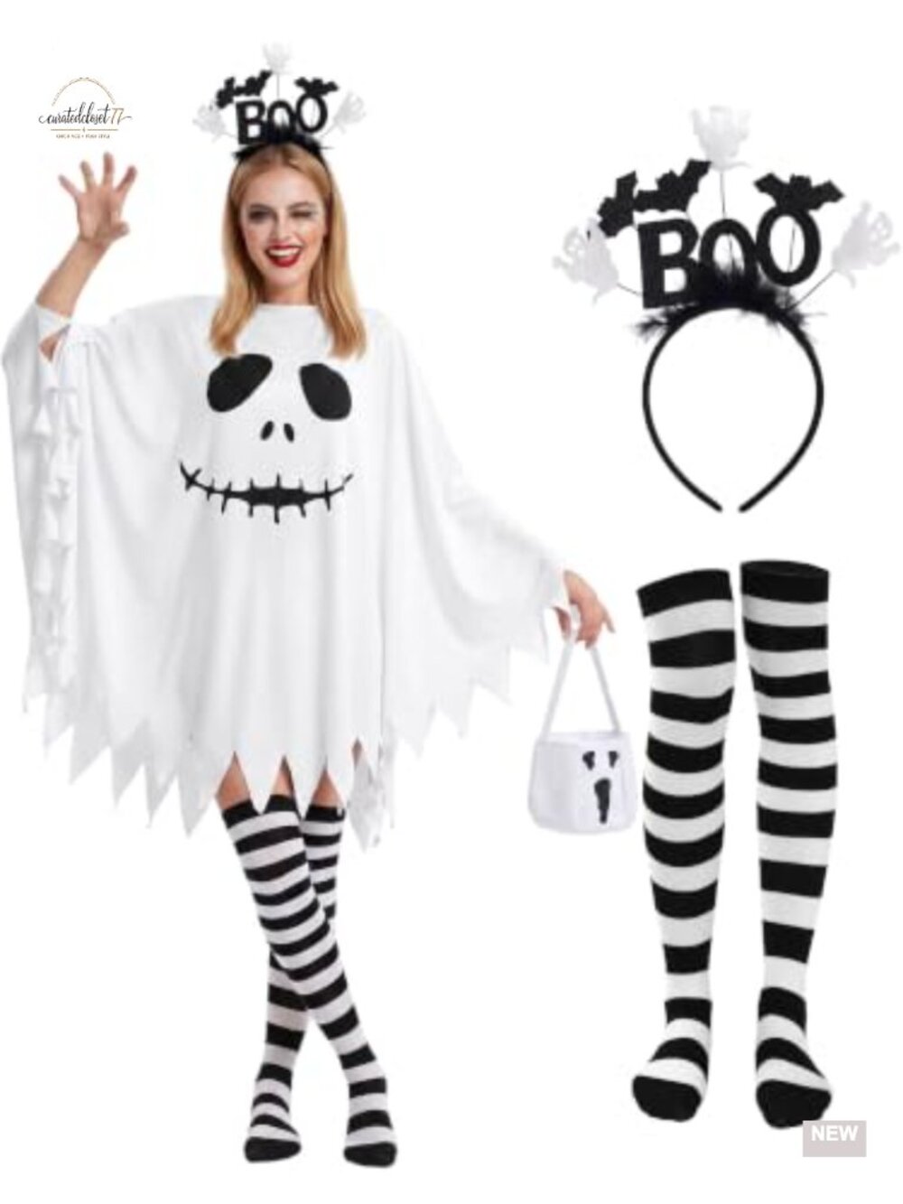 4 Pc Women's Ghost Costume Set Poncho Headband Striped Stockings Candy Bag